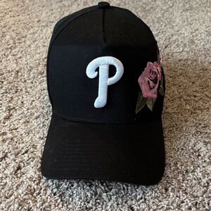 New Era Phillies Black Cap with Pink Rose Embroidery
